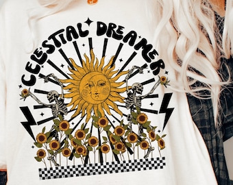 Celestial Dreamer , Comfort Colors tshirt, Oversized Tee, Vintage tshirt, Boho Tee, 70s graphic tee , Hippie Vintage Graphic Tee