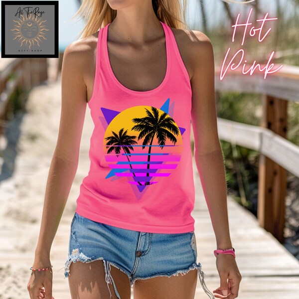 Neon Palm Trees Tank Retro 80s Graphic Shirt Women's Racerback Tank Festival Summer Tshirt Beach Tee Gift Teen Girl Bright Vacation Tank Top