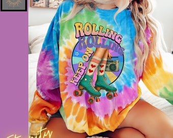 Retro Roller Skater Unisex Tie-Dye Sweatshirt Festival Retro Preppy Shirt Beach Vintage 80s Gift Teen Girl Beach Graphic Roller Skate Shirt