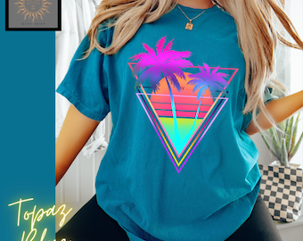 Neon Palm Trees Bright Colors Graphic 80's Vintage Glow Party Beach Tee Womens Graphic Boho Tee Women's Graphic Tee Hippie Oversize T-shirt