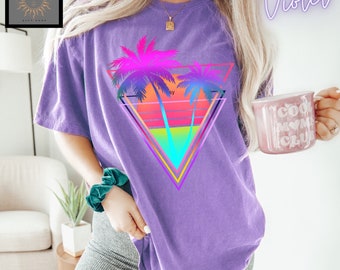 Neon Palm Trees Bright Colors Graphic 80's Vintage Glow Party Beach Tee Womens Graphic Boho Tee Women's Graphic Tee Hippie Oversize T-shirt