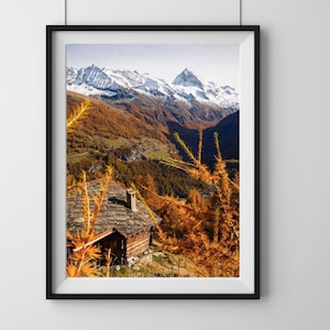 Swiss Chalet fine Art Print, Swiss Alpine valley photography, Autumn Swiss Photo, Mountains Alps.