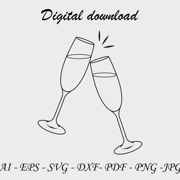 Champagnerglas digitale Datei, Champagner Clink svg, Weinglas dxf, Hochzeits- oder Neujahrsfeier, Champagnerflöte Instagram Highlight