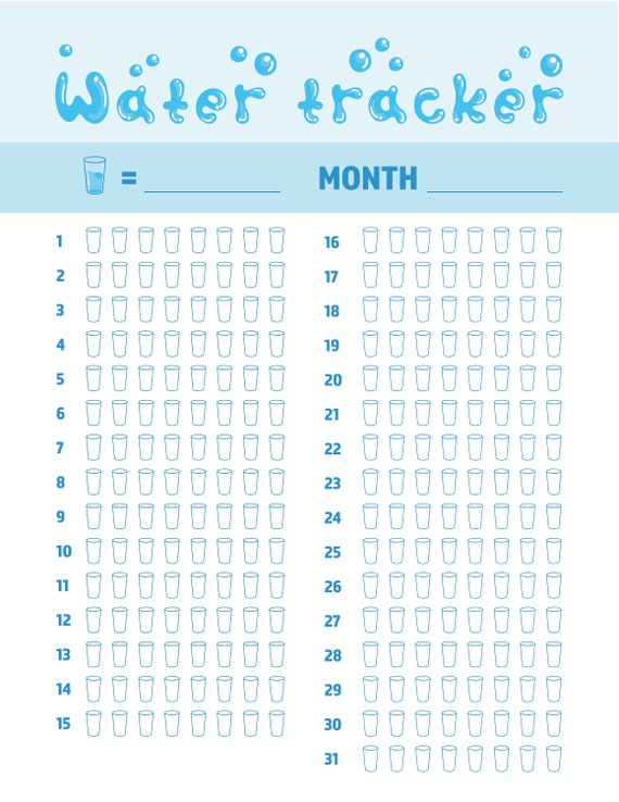 Printable Water Intake Tracker, Water Monthly Daily Tracker, Water