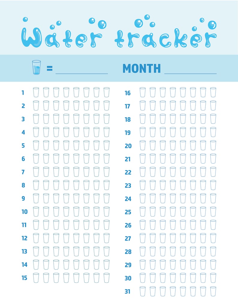 Printable Water Intake Tracker, Water Monthly Daily Tracker, Water
