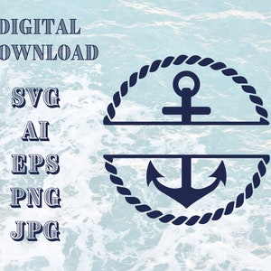 Puede incluir: Una descarga digital de un diseño de ancla y cuerda en formatos SVG, AI, EPS, PNG y JPG. El ancla es azul y la cuerda es negra. El diseño es perfecto para crear manualidades de temática náutica.