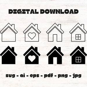 Dom svg Bundle, Zarys domu svg, Pobieranie cyfrowe, Clipart domu, Dom z sercami, Sylwetka domu, Dom png, Natychmiastowe pobieranie