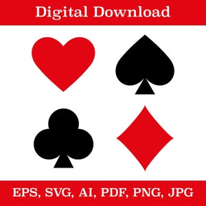 Pliki cyfrowe kart do gry, karty kier Svg, karty trefl Svg, karty karo Png, karty pokerowe Svg, natychmiastowe pobieranie kart do gry, piki Svg