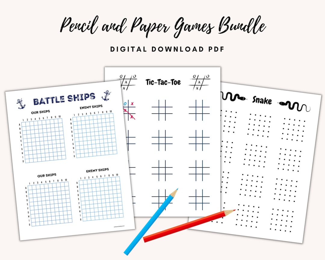 Printable Pencil and Paper Games Bundle Include Battleship Game, Tic