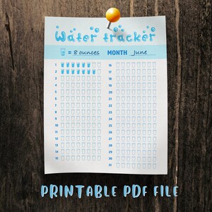Printable Water Intake Tracker, Water Monthly Daily Tracker, Water Intake Hydration, Water log digital pdf file