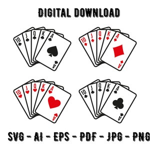 Pliki svg kart pokerowych, Royal Flush Svg, sylwetka, Cricut, karty do gry Clip Art Vector, pobieranie cyfrowe Eps, Pdf, Ai, Jpg, Png