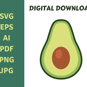 May include: A green avocado with a brown seed, cut in half, with a white background.