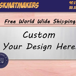 May include: A rectangular desk mat with the text "Custom Your Design Here!" in black. The mat measures 90 x 40 cm (35.5 x 16 in). The top banner reads "DESKMATMAKERS" and the dimensions in centimeters. A small logo indicates dispatch from Toronto.