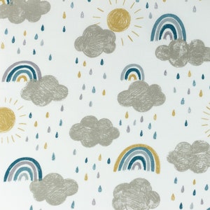 Popelin cotton fabric Rainbow, Sun & Clouds petrol/jeans