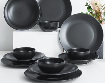 Dinnerware set, Matte Black, Dinner Set, 12 Pieces for 4 Persons ,Ceramic Dinnerware set, Dinner set, Perfect Present,