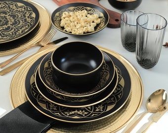 Dinner Set 24 Pieces for 6 Persons ,CERAMIC DİNNER SETS/ Dinnerware set, 24 pcs Dinnerware Set, Matte Black Gold Patterned Dinner Set