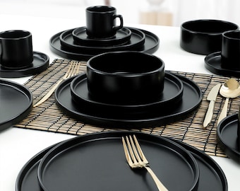 Matte Black Stackable Dining/Breakfast Set 20 Pieces for 4 Persons / Tea Cup/ Black plate Dinner set