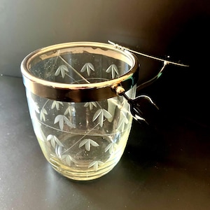 MCM Glass Ice Bucket, Noritake by Sasaki Etched Bamboo Design with Hinged Chrome Lid