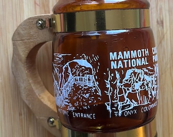 Amber Barrel Drinking Glass Mug with Wood Handle - Mammoth Cave National Park, Vintage Siesta Ware Style Souvenir
