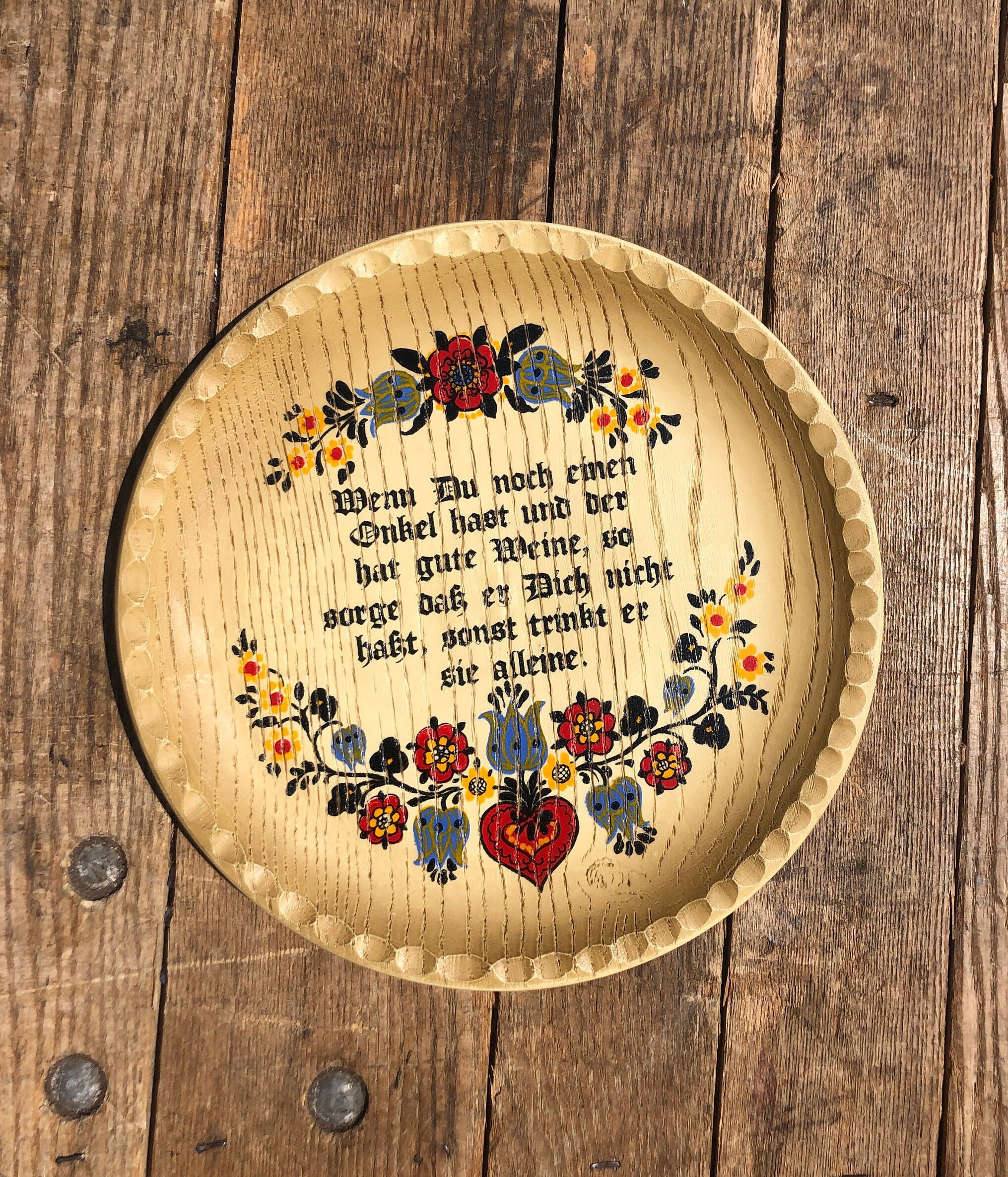 Kitsch German Plate Vintage 1970s Faux Wood Wall Decor, Proverb About