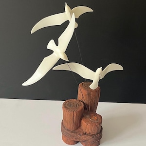 Vintage MidMid Beach House Decor, Three Kinetic Seagulls In Flight on Enamel Wood Base - John Perry Studio