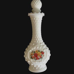 Botella de vidrio opalino vintage de Avon: Jarrón pequeño para aceite de baño con aroma a rosas de la década de 1970
