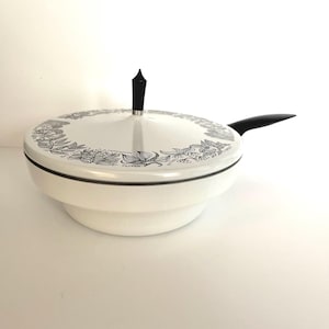 1970s Fondue Casserole Tempura 10 inch Pot, Sears Herb Garden Illustrated Enamelware: Black and White Design with Lid