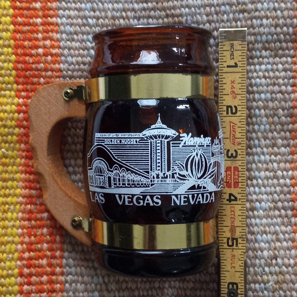 Las Vegas Vintage Amber Barrel Glass Mug with Wood Handle, Siesta Ware Style Souvenir