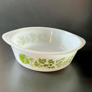 Vintage Casserole Dish, White Milk Glass &quot;Garden Herb&quot; Pattern by Glasbake, 2 qt
