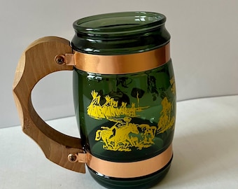 Vintage Green Barrel Drinking Glass Mug with Wood Handle, Siesta Ware Wisconsin Dells Souvenir