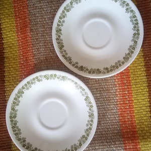 Vintage Saucer Plates, Corelle by Corning, green on white &quot;Crazy Daisy&quot; or &quot;Spring Blossom&quot; set of 2