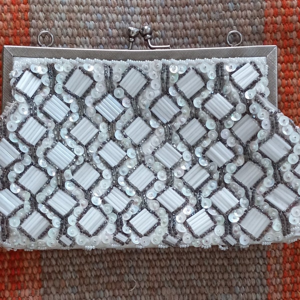 Vintage Beaded Cream Satin Handbag: Iridescent Sequins; Mother of Pearl Tube Beads; Pearlescent Seed Beads; AS IS missing some beads.