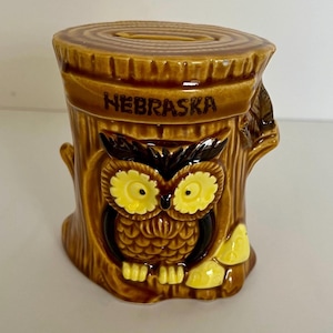 Nebraska Vintage Souvenir Ceramic Bank - Owl and Tree Trunk