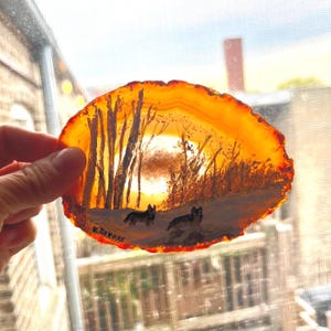 Polished Agate Slice: Hand Painted Pair of Wolves in Winter