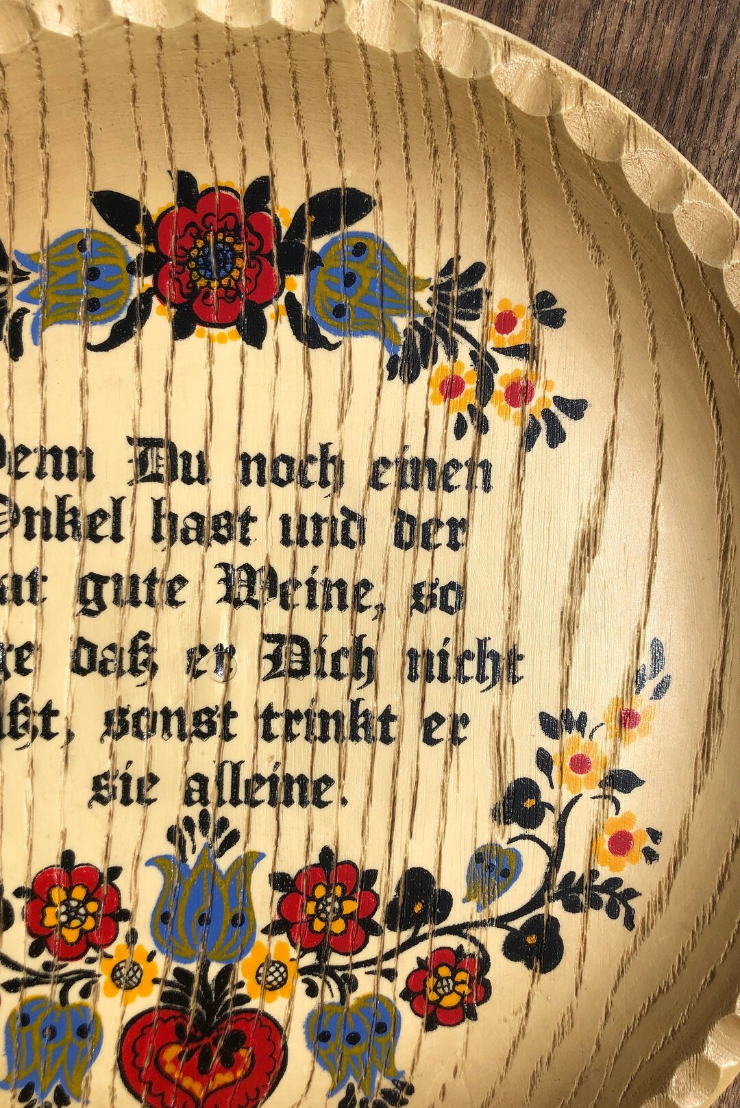 Kitsch German Plate Vintage 1970s Faux Wood Wall Decor, Proverb About