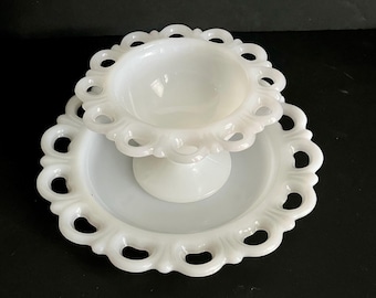 Vintage White Milk Glass: "Old Colony" Open Lace Edge Dish and Plate Set