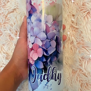 Purple hydrangeas personalized 20oz travel cup, blue and purple tumbler, custom 20 oz tumblers, flower coffee cup