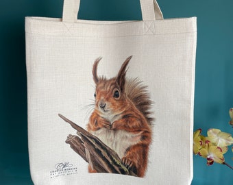 Premium Linen Red Squirrel Print Reusable Tote Bag - PREORDER
