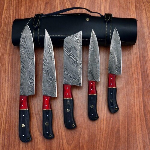 Handmade Damascus Chef Set of shops 5pcs With Leather Bag, /kitchen Knife, Damascus Knife Set, Kitchen Knives Set, Gift For Him, Anniversary Gifts