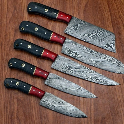 Handmade Damascus Chef Set of shops 5pcs With Leather Bag, /kitchen Knife, Damascus Knife Set, Kitchen Knives Set, Gift For Him, Anniversary Gifts