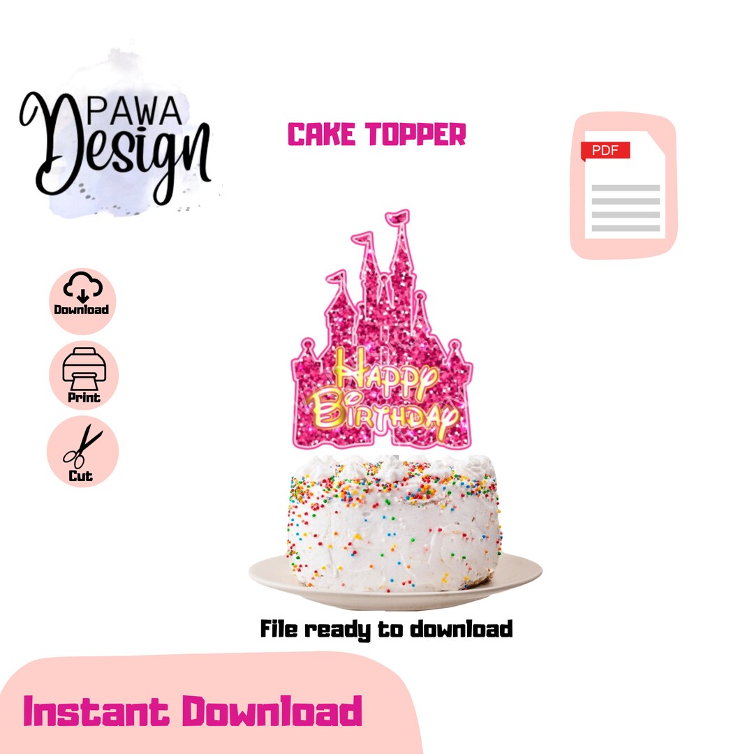Princess Castle Cake Topper, Princess Cake Topper, Pink Glitter Cake ...