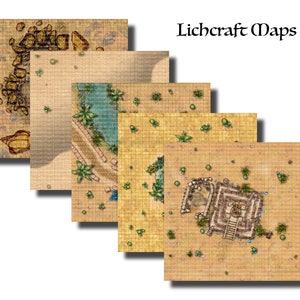 May include: Five different maps, each with a grid pattern, showing various desert landscapes. The maps are stacked on top of each other, with the top map showing a small stone building with a staircase. The text "Lichcraft Maps" is written in black at the top of the image.