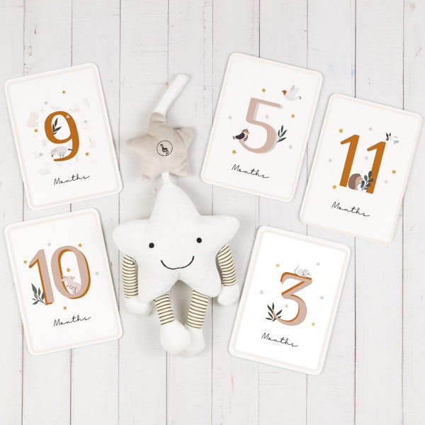 Meilensteine Baby Cards, Minimalist Baby Milestone, Bridal Shower Gifts, Printable Baby Month, kid Woodland Animal, Baby Month Cards