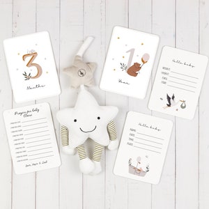 DOWNLOAD DIGITAL • Cartões de marcos mensais para impressão com Hello Baby e oração para o bebê • Presente para chá de bebê • Conjunto de cartões de marcos de 1 a 12 meses