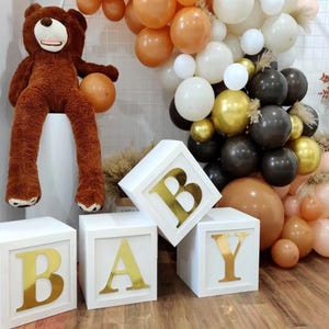 Cajas para baby shower, decoraciones para fiestas, 4 piezas, cajas con letras de oro blanco, bloques para baby shower, telón de fondo para revelación de género, decoración para fiesta de primer cumpleaños