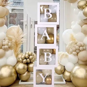Baby Shower Boxes Party Decorations 4 pcs Transparent Balloons Boxes Decor with Letters Baby Blocks for Baby Shower Gender Reveal Backdrop