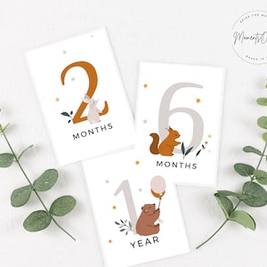 Cartes d'étape de bébé, étape de bébé minimaliste et imprimable, cadeaux de douche de bébé, art de mur de mois de bébé, enfant Woodland Animal, téléchargement numérique