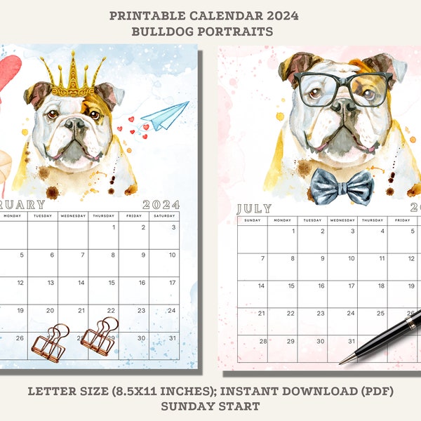 Printable Bulldog Portraits, Monthly Calendar 2024, Letter Size; Sunday Start, Instant Download, PDF