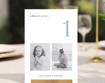 Creative Table Numbers with Pictures When We Were, Table Numbers with Ages, Elegant Minimal Photo Table Number Signs for Wedding Reception