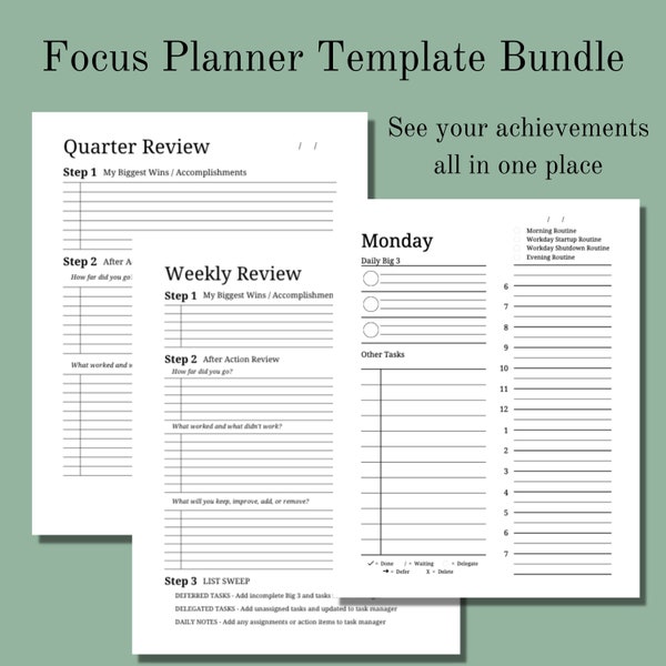 Focus Daily, Weekly Review, and Quarterly Review Bundle | Daily Focus Planner